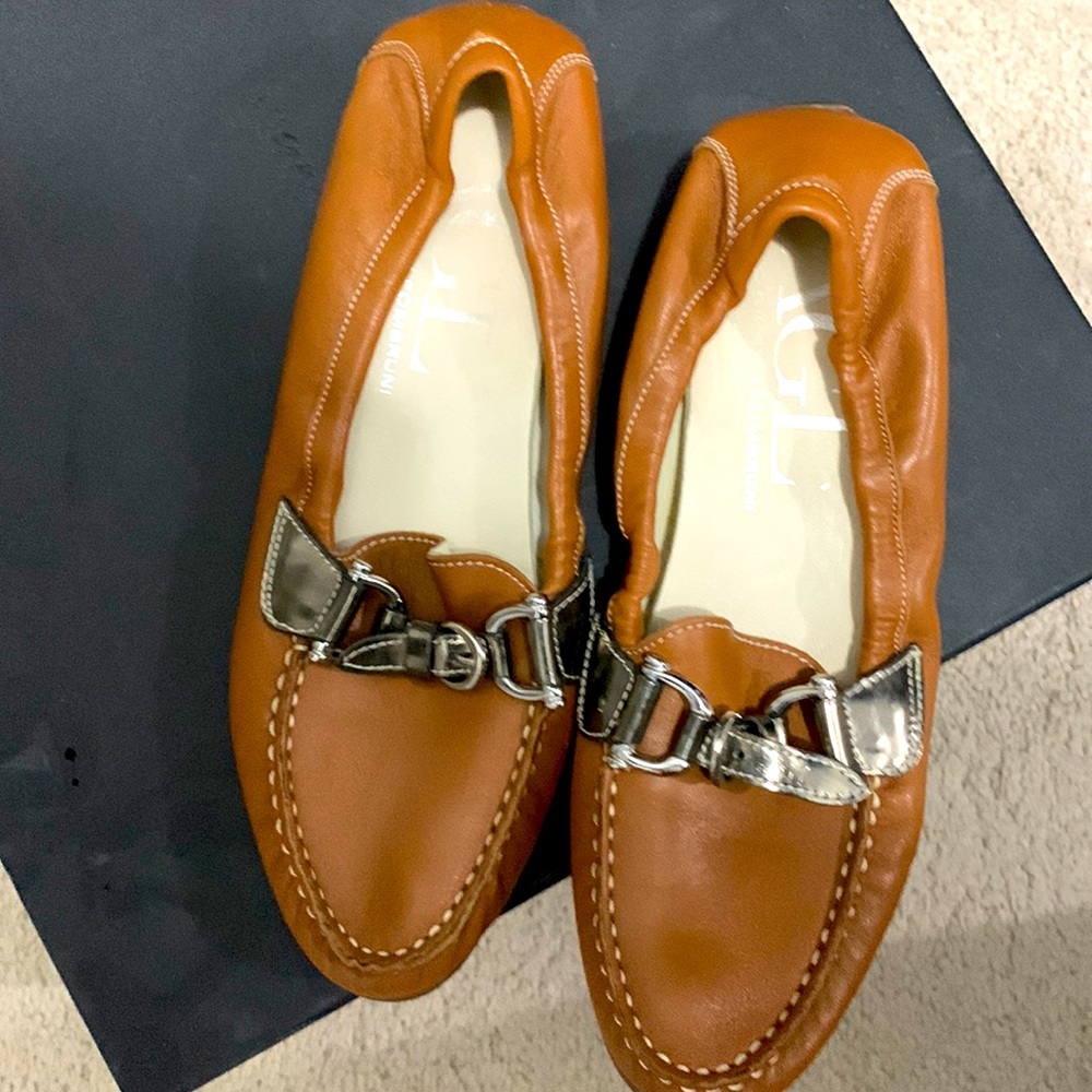 AGL womens leather loafers with horse buckle. NWOT